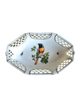 Mid-Century German Porcelain Bird Trinket Dish - Reticulated Lace Edge - 6"